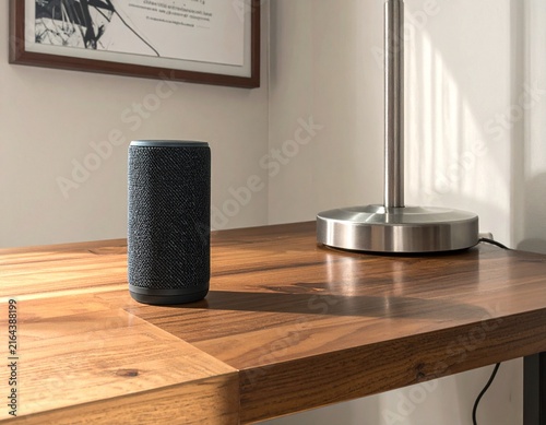 Smart speaker and table lamp on a wooden table in a modern home interior