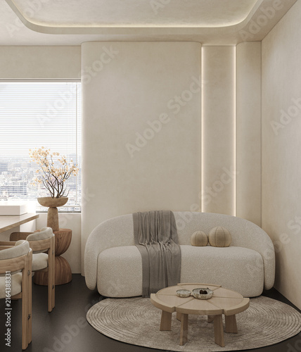 Foto Minimalist beige living room with a curved boucle sofa, round wooden coffee table, soft lighting and neutral textures, creating a warm contemporary interior with panoramic city views