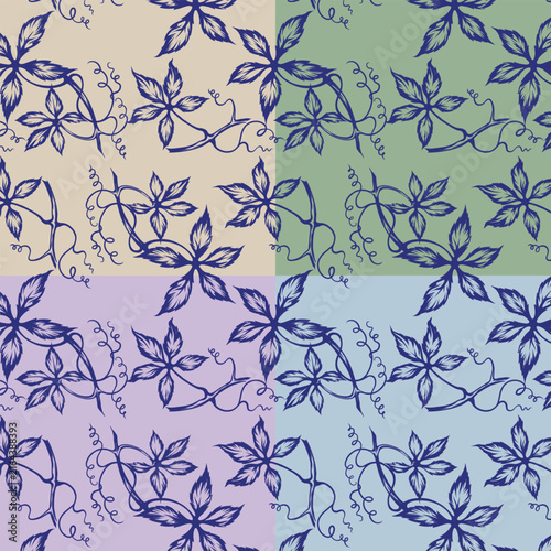 Monochromatic grapes-inspired seamless pattern featuring stylized five-pointed leaves and delicate swirling vines in a dynamic arrangement. Vector illustration