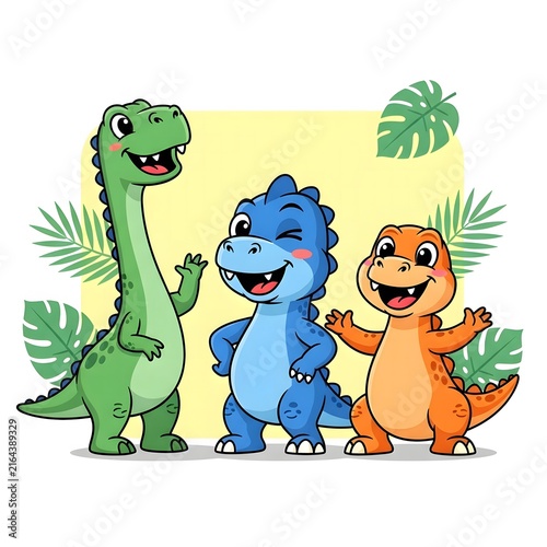 Cartoon of three happy dinosaurs, a green long-neck, a blue winking dinosaur, and an orange t-rex standing with tropical leaves