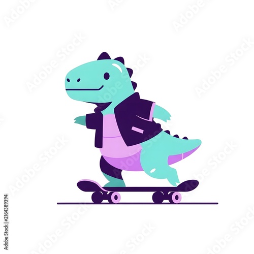 Light blue cartoon dinosaur wearing a dark purple jacket, riding a skateboard on a flat white background