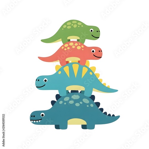 Stack of four colorful cartoon dinosaurs, including green, coral, light blue, and dark teal prehistoric reptiles on a white background