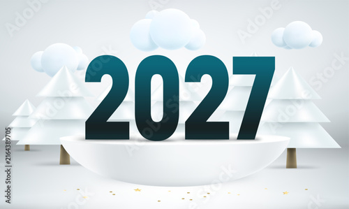 Happy new 2027 year greeting card. Composition with digits, podium and pines with snow. 3d vector