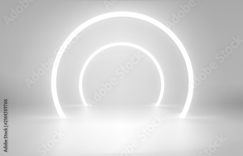 Round arc in bright interior. 3d vector showcase with copy space
