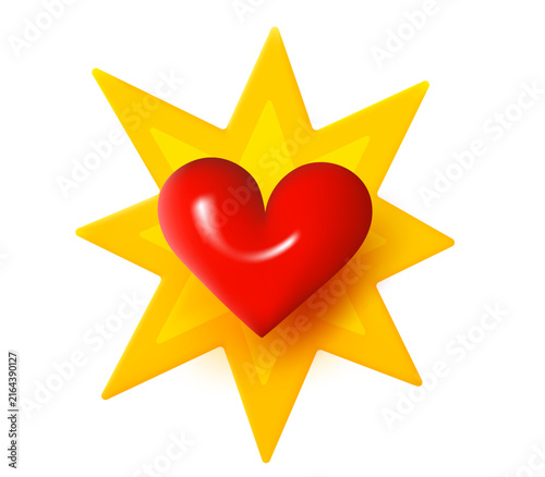 Red heart icon and yellow rays. 3d vector illustration