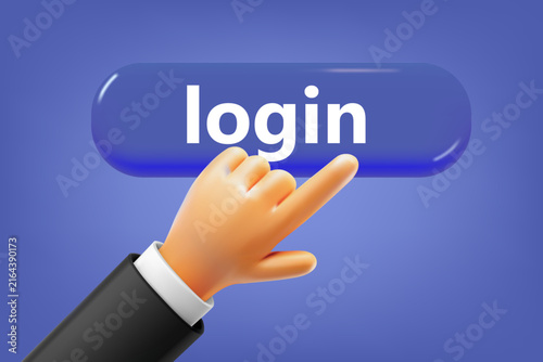 Hand pressing button. Login. 3d vector illustration