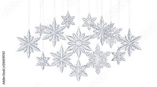 Crystal snowflake ornaments hanging on transparent strings isolated on transparent background