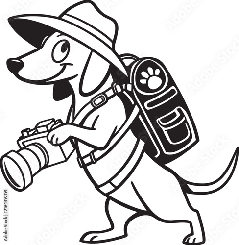Hand Drawn Dachshund Photographer with Camera - Funny Travel Cartoon Illustration for Photography and Adventure Design