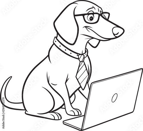 Hand Drawn Dachshund Working on Laptop - Funny Business Dog Cartoon Illustration for Remote Work, Freelance and Tech Design