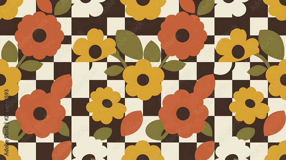 Retro floral pattern with checkered background in warm autumn colors featuring orange and yellow flowers for vintage style textile design and creative wallpaper backdrop decoration element