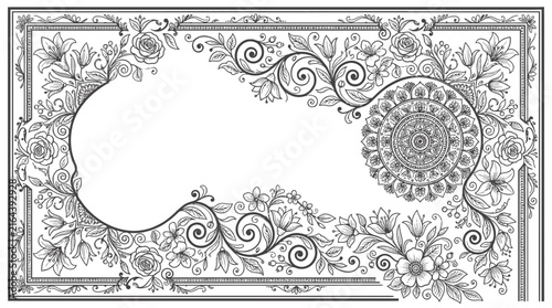 Canvas Print Elegant rectangular frame with intricate floral patterns and a central mandala design for coloring page