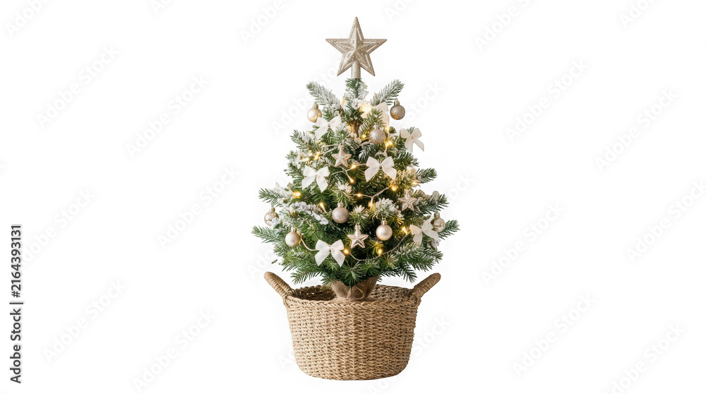 Fototapeta premium Small decorated christmas tree in a wicker basket with lights and ornaments isolated on transparent background