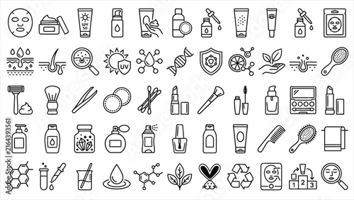  Modern linear skin care icons, sun protection SPF, hydration, and hair follicle symbols