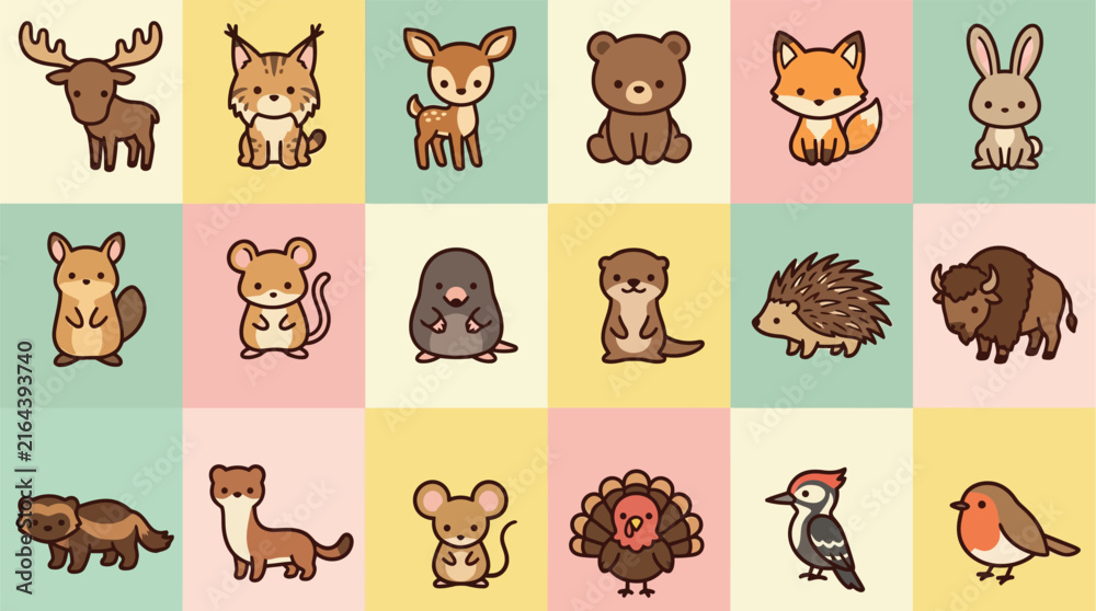 Obraz premium Set of cute cartoon forest animals in a grid pattern with pastel background colors.