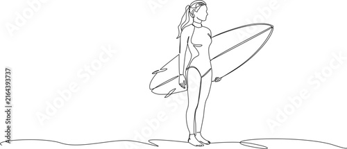 continuous line drawing of a young female surfer standing on beach holding a surfboard, looking out towards the ocean, line art vector illustration