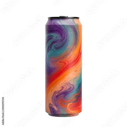 Blank tall and slim drink can patterned with swirling vibrant gradient color isolated on white background