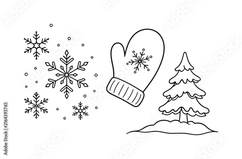 Whimsical winter scene with snowflakes, a mitten, and a snow-covered evergreen tree