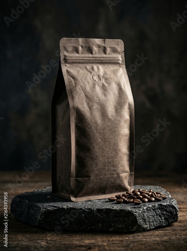 Premium unbranded brown coffee packaging bag with fresh roasted beans on a rustic stone background, perfect for product display