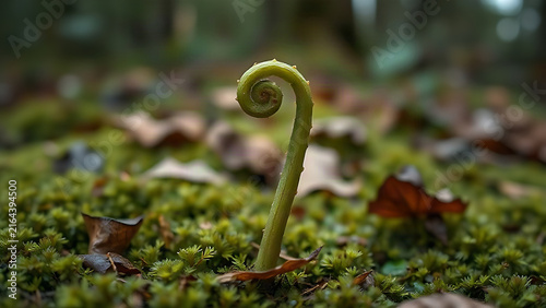 Involute fern fiddlehead in forest moss, growth and nature renewal concept