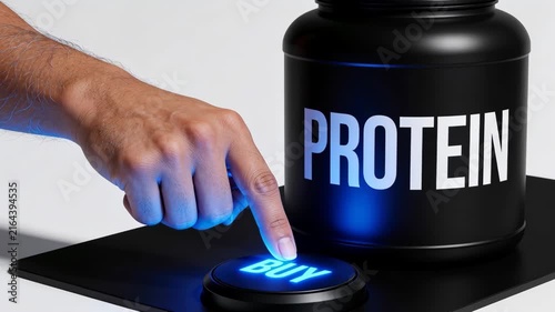 Close-up of a man's hand pressing a retail BUY button next to a large plastic tub of protein powder. Instant online purchase and choosing the right premium collagen supplement concept