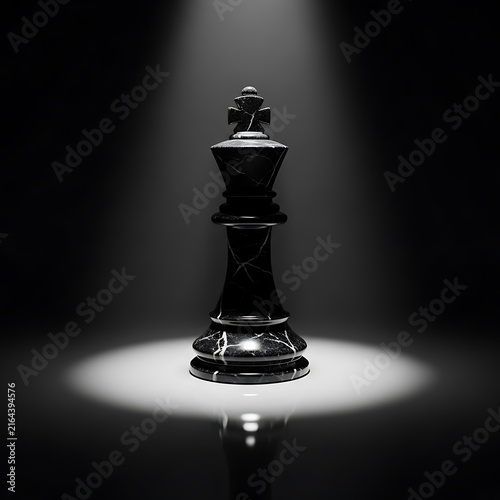 Black marble chess king in dramatic spotlight, elegant stone chess piece on dark background, luxury game piece for business strategy