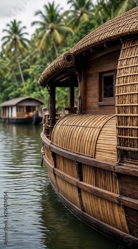 Traditional Bamboo Houseboat Moored in Serene Backwaters Surrounded by Lush Greenery