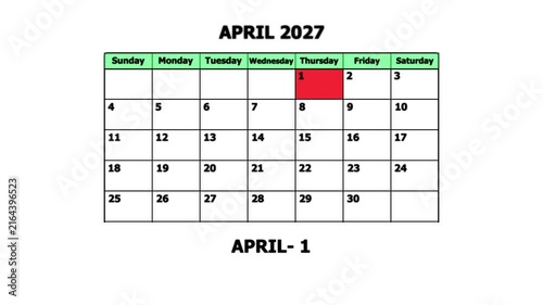 April 2027 calendar page with april 1st highlighted date for planning and scheduling monthly planner