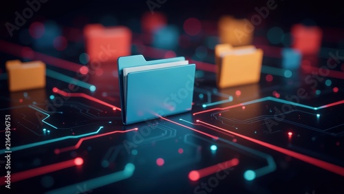 Digital file folders glow on a circuit board with neon data lines. Great for storage or cybersecurity concepts.