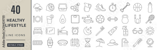 Healthy Lifestyle & Wellness Line Icons - Fitness, Healthy Diet, Weight Loss, Sleep Hygiene, Personal Care, Sun Protection - Editable Stroke Vector Set