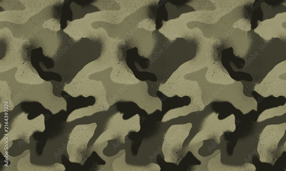 Camouflage seamless pattern with organic abstract shapes, distressed texture, and speckled details for military, outdoor, and fashion textile designs.