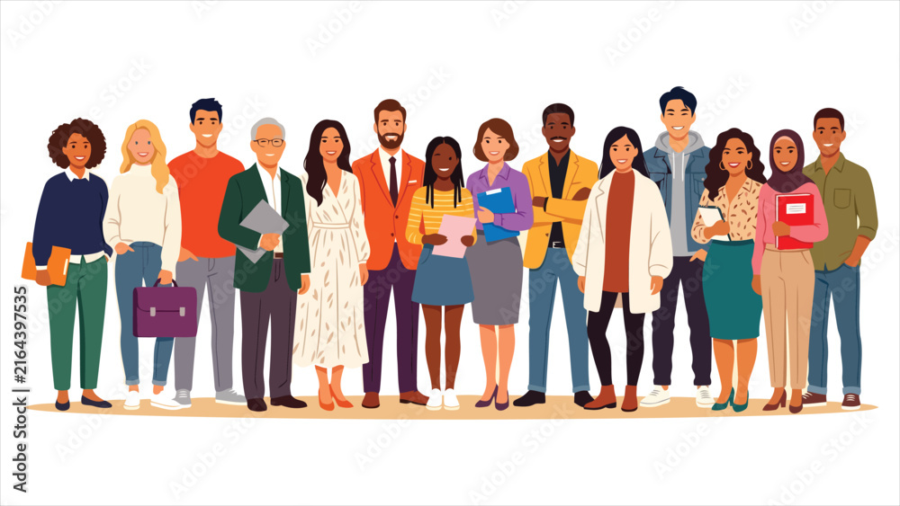 Obraz premium A Panoramic Flat Vector Illustration of a Diverse, Smiling Team of Professionals and Creatives