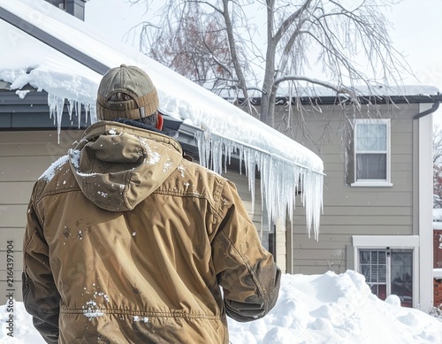 Person Observing a Snow Covered House with Large Roof Icicles