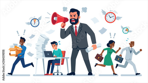  Angry Boss Shouting through Megaphone at Panicked Employees in High Stress Office Deadline Concept