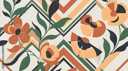 Seamless pattern with retro flowers and geometric zigzag lines in muted earthy tones for textile design and wallpaper decoration