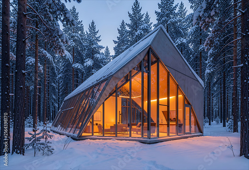 Futuristic Angular Glass Greenhouse Cabin in a Snowy Pine Forest with Warm Interior Glow