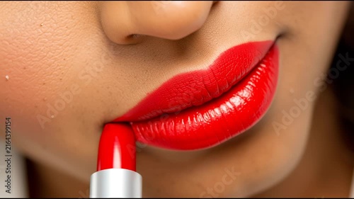 Close up of woman applying bright red lipstick to lips in beauty makeup routine