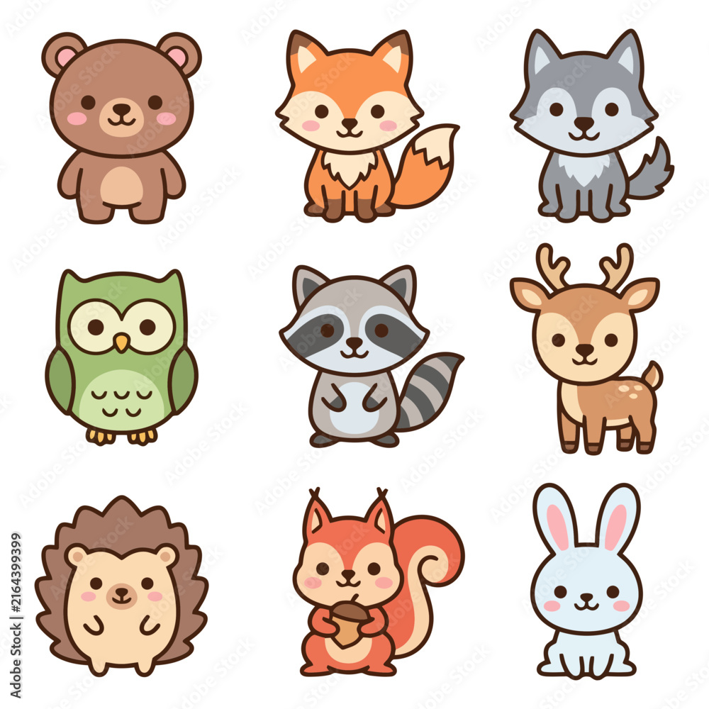 Fototapeta premium Cute cartoon forest animals collection: bear, fox, wolf, owl, raccoon, deer, hedgehog, squirrel, bunny.