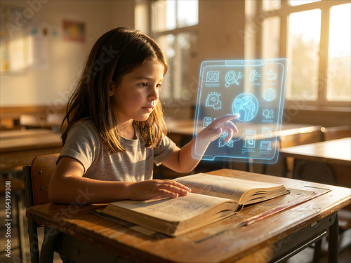 Young Girl Interacting with Holographic Display Screen While Studying in Classroom