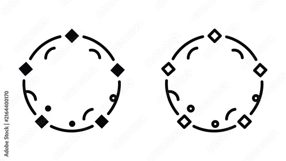 Fototapeta premium Geometric Circle Iconography: Two abstract circular designs featuring diamond shapes, arcs, and dots, conveying a sense of order and symbolic representation.