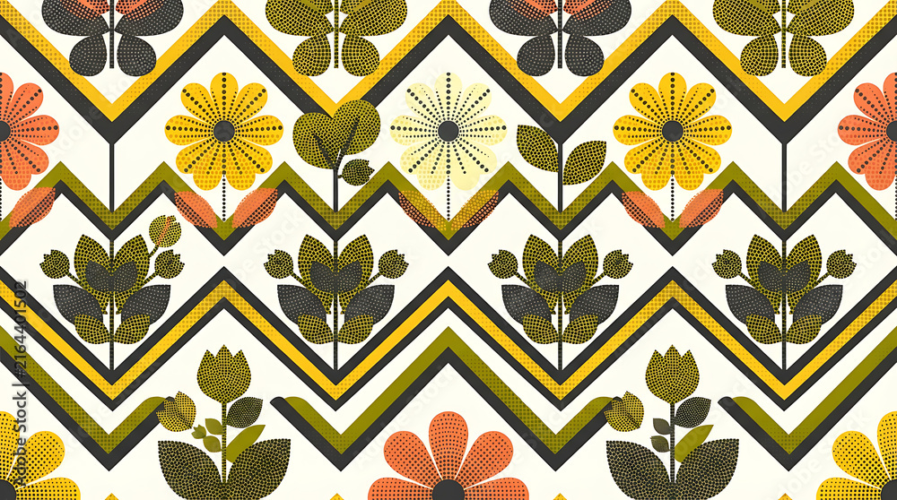 Traditional folk style seamless pattern with geometric zigzag lines and yellow orange flowers for textile decoration and fabric design