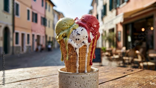 Melting ice cream cones in ceramic cup on sunny street cafe table with blurred town background