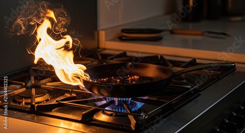 High flame in a frying pan on gas stove.