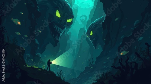 Deep Sea Mystery: A lone explorer with a flashlight ventures into the mysterious depths of the ocean, surrounded by colossal, glowing-eyed creatures in a dark, aquatic cavern.