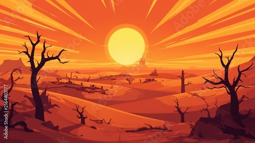 Desert Sunrise Over Barren Land: A vibrant sunrise paints the sky in hues of orange and yellow over a desolate desert landscape, casting long shadows from skeletal trees and barren hills.