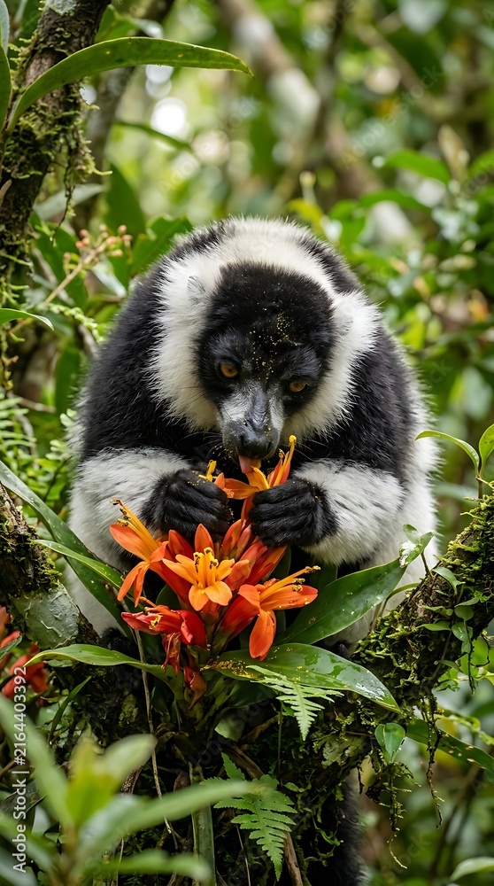 Naklejka premium Black and white ruffed lemur eating orange flowers in jungle