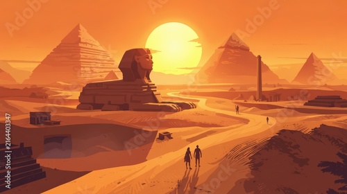 Ancient Wonder Under the Desert Sun: The iconic Sphinx and majestic pyramids of Giza stand as timeless testaments to human ingenuity, silhouetted against a dramatic, sun-drenched desert sky.