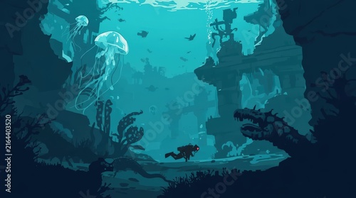 Underwater Kingdom: A diver explores a mystical underwater realm teeming with exotic marine life, ancient ruins, and bioluminescent flora, evoking a sense of wonder and adventure.