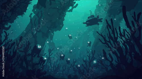 Oceanic Exploration: A detailed illustration depicts a submersible exploring a vibrant coral reef teeming with bioluminescent life, revealing the wonders of the deep sea.