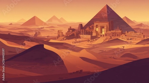 Ancient Egypt's Majesty: Majestic pyramids and ancient ruins rise from the golden sand dunes under a warm, dusky sky, evoking the grandeur of a lost civilization.