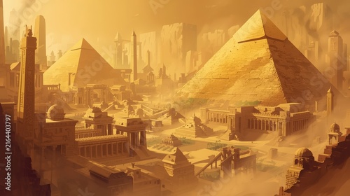 Ancient Egyptian Pyramids at Dawn: Majestic pyramids stand tall against the golden hues of dawn.